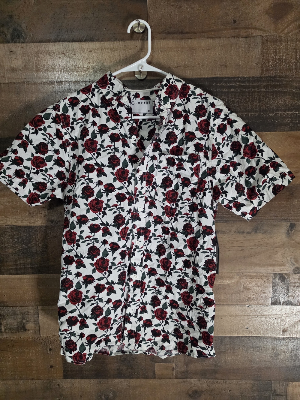 Empyre White Short Sleeve Shirt with Red Rose Print